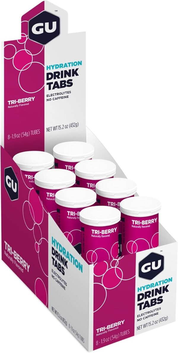 GU Energy Hydration Electrolyte Drink Tablets, Vegan, Gluten Free & Caffeine Free, Enhanced Endurance Sports Drink for Running, Cycling, Triathlon, 4-Count (48 Servings), Tri-Berry