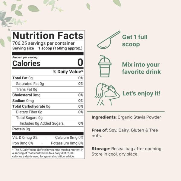 Pure Organic Stevia Powder, 4 Ounces, 706 Serving, Highest Grade Stevia Green Leaf Extract Reb-A, Reduced Bitter Aftertaste, 0 Calorie, Natural Sweetener, Sugar Alternative, Keto Friendly