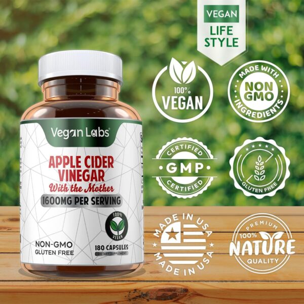 Vegan Labs Apple Cider Vinegar Capsules with The Mother- 180 Vegan Capsules, 1600MG Per Serving- 100% Natural ACV Pills- Supports Healthy Digestion, Keto, Weight Management, Detox, and Immune System