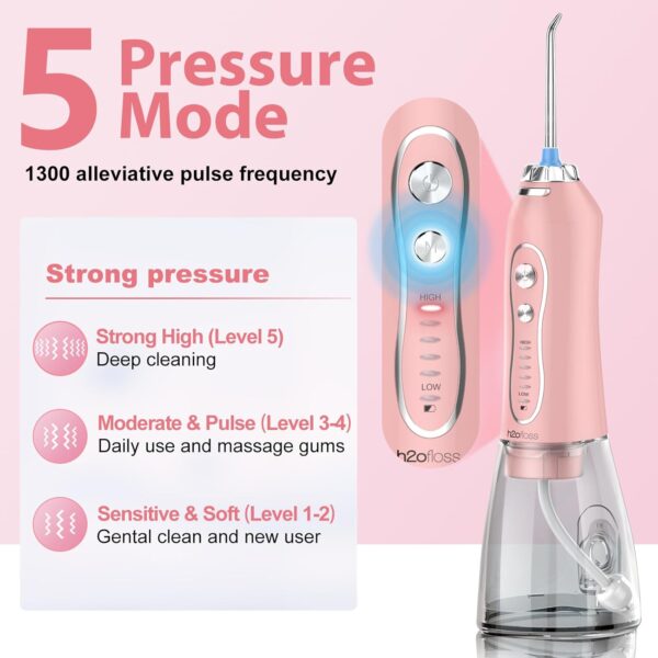 Water Dental Flosser Teeth Cleaner Pick, H2ofloss Cordless Portable Oral Irrigator,5 Mode IPX7 Waterproof Teeth Picks 300ML Rechargeable WaterFlosser for Home Travel (Pink)