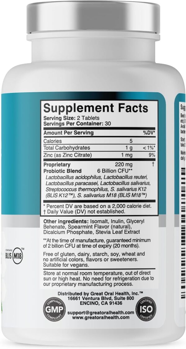 Oral Probiotics for Mouth Bad Breath Treatment for Adults: Dentist Formulated Advanced Oral Probiotics for Teeth and Gums with BLIS K12 M18-60 Chewable Oral Health Probiotics Supplement Tablets Mint