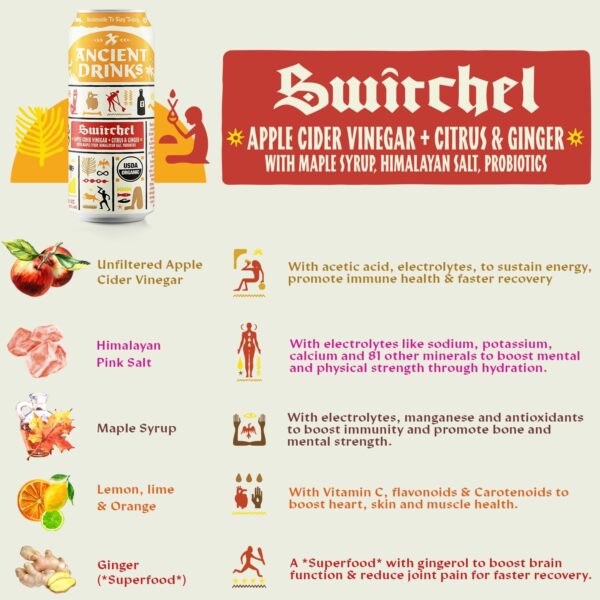 ANCIENT DRINKS Apple Cider Vinegar Beverage with Electrolytes, Vitamins, & Probiotics, Organic, Super-Hydrating Sports Drink - Switchel (Citrus & Ginger) - 16 fl oz (12 cans)