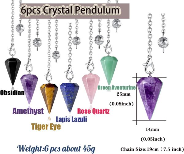 DUQGUHO 6 Pcs Crystal Pendulum Set Wiccan Accessories Divination Tools Natural Healing Crystal Quartz Colored Gemstone Pendants for Spritual Pointed Crystal Grid Reiki Meditation