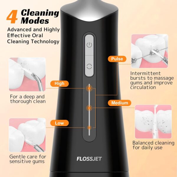 Water Dental Flosser Teeth Pick Cordless Oral Irrigator with 300ml 5 Tips 4 Modes USBCharger Portable Travle Irrigation Cleaner IPX7 Electric Irrigador Dental for Teeth Cleaning (Black)