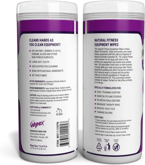 Wipex The Original Natural Fitness Equipment Wipes for Personal Use, Lavender and Vinegar, 3 Canisters of 186 Wipes