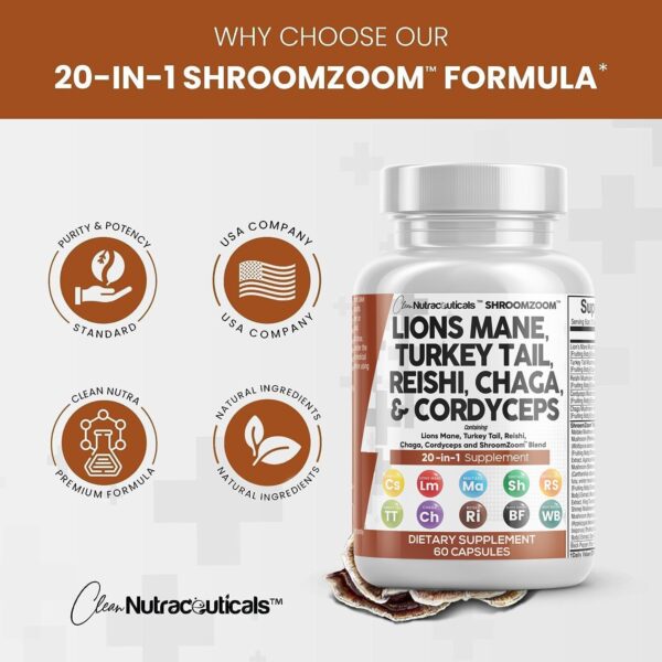 Clean Nutraceuticals Lions Mane 20in1 Mushroom Supplement with Turkey Tail Reishi Cordyceps Chaga Maitake Meshima Poria Cocos Shiitake Oyster Porcini Enoki - Pack