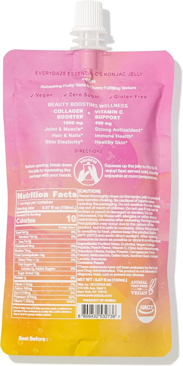 EVERYDAZE Essential C’s Konjac Jelly | Peach | Vegan Collagen Peptides, Gluten Free, Sugar Free, Low Calorie | Healthy Drinkable Fruit Snack | 10 Pack Box Food Drink Pouch