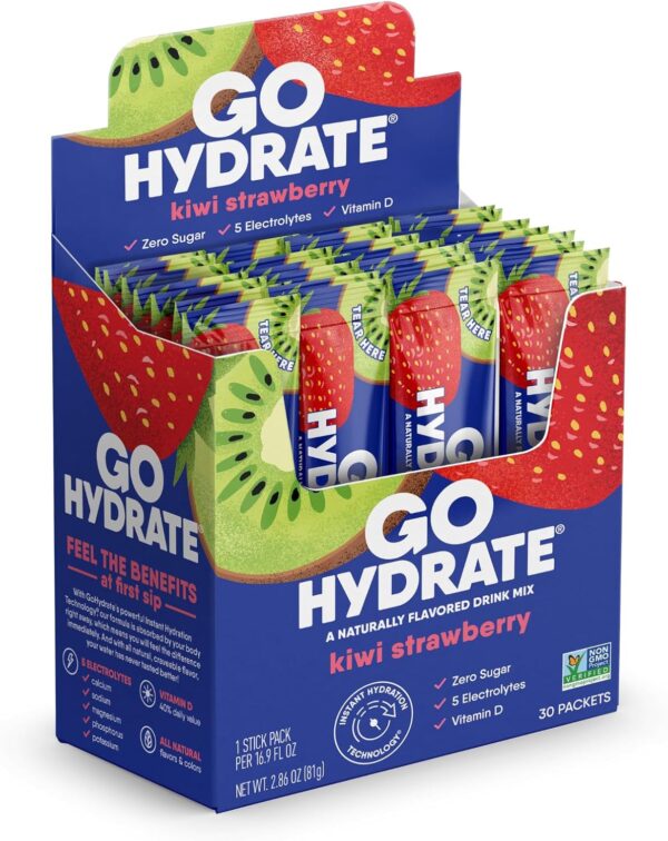 71OtFwkKiBL._AC_SL1500_.jpg GoHydrate Instant Hydration Powder Packets - Low Sodium Electrolytes Drink Mix - Natural Hydration Support, Sugar Free Electrolyte Flavored Powder Drink with Vitamin D, 30 Packs, Kiwi Strawberry