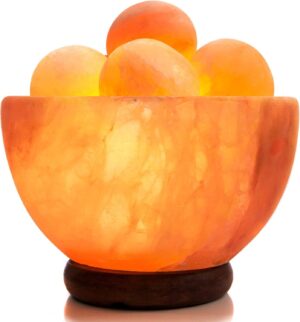 UMAID Natural Himalayan Rock Sea Salt Lamp Bowl With 6 Heated Salt Massage balls, Stylish Wood Base, Bulb With Dimmable Switch UL-Listed Cord