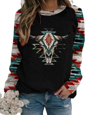 HOTYD Western Sweatshirts for Women Casual Long Sleeve Vintage Aztec Geometric Graphic Shirts Loose Crew Neck Pullover Tops
