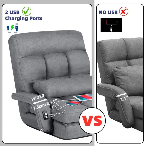 STHOUYN Comfy Floor Chair Bedroom 2 USB Charging Ports, 5-Position Couch Gaming Lounge Chairs Adults, Indoor Folding Lazy Sofa Meditation Arm Dorm Chair Living Room (Grey)