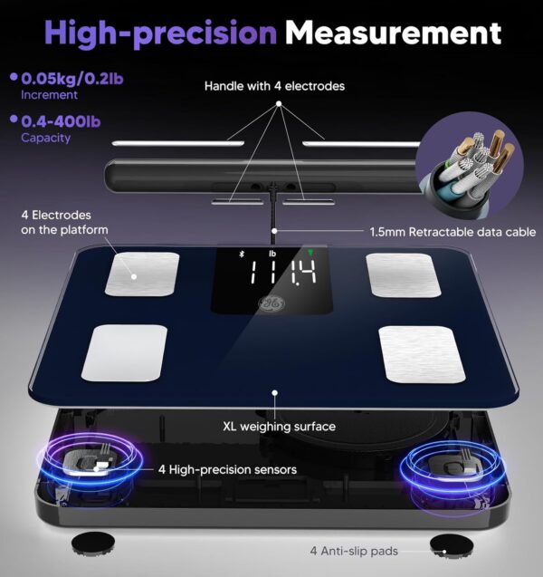 GE Smart Scale for Body Weight: 8-Electrode Digital Bathroom Scale for Weight Fat BMI Muscle Mass Full Body Composition Analyzer 27 Measurements Bluetooth Highly Accurate Weighing Machine, 400 lbs