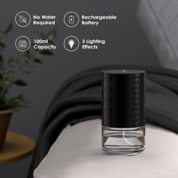 Waterless Diffuser Essential Oil 100mL Capacity Scent Air Machine for Home Aromatherapy Nebulizer Premium Metal Battery Operated 3 Mist Settings Timers Color Light AN3 Black