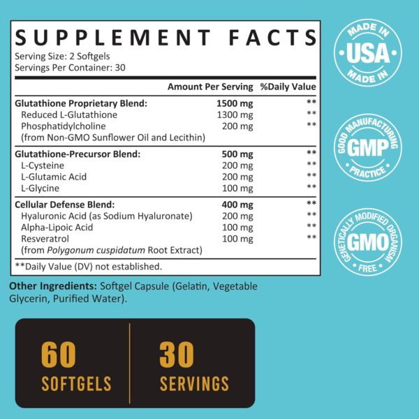 2400 MG Liposomal Glutathione Softgels, Max Absorption, Active Form L-Glutathione Reduced (GSH), with Hyaluronic Acid, Resveratrol, Master Antioxidants for Detox, Brain, Immune System, 600 Softgels