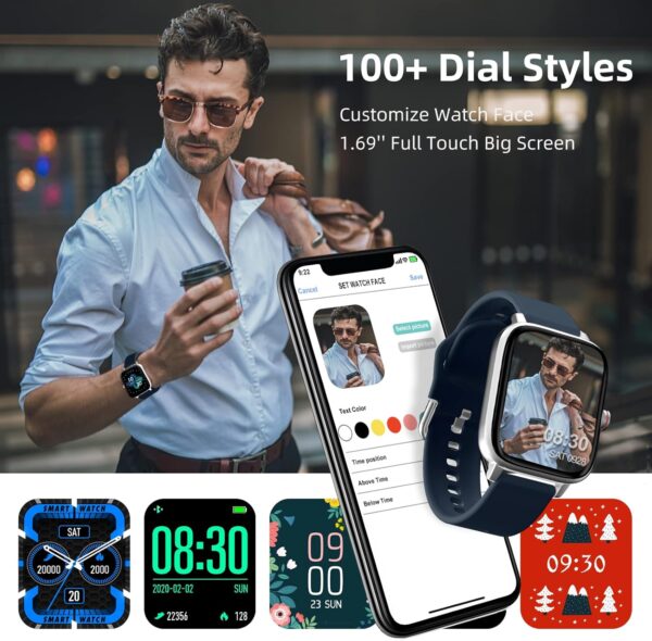 Luoba Smart Watches for Men, 1.69'' Answer/Make Call Android Smartwatch Activity Fitness Tracker with Heart Rate Sleep Monitor Calorie Step Counter Digital Fitness Watch Compatible Android iOS, Blue
