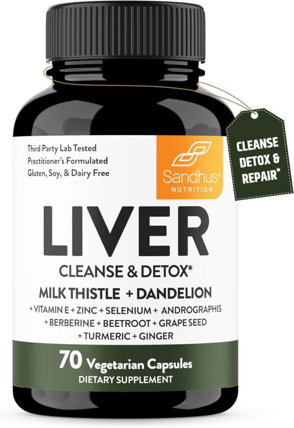 Sandhu's Liver Cleanse Detox & Repair Support | Supplement for Fatty Liver Health and Renew | 70 Veg Capsules | Milk Thistle Dandelion Root with 9 Herbal Minerals for Men & Women