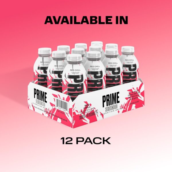 PRIME ICE Hydration RED CHILL, Sports Drinks, Electrolyte Enhanced for Ultimate Hydration, 250mg BCAAs, B Vitamins, Antioxidants, Low Sugar, 16.9 Fl Oz, 12 Pack