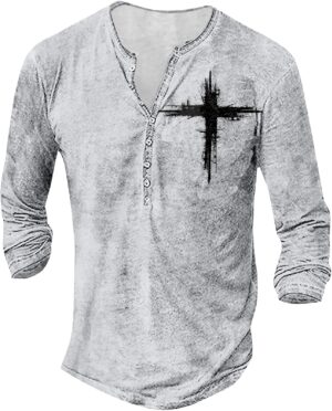 Mens Henley Shirts Graphic V Neck Long Sleeve Pullover Shirts 8Pcs Buttons Up Vintage Hippie Streetwear Tees Top