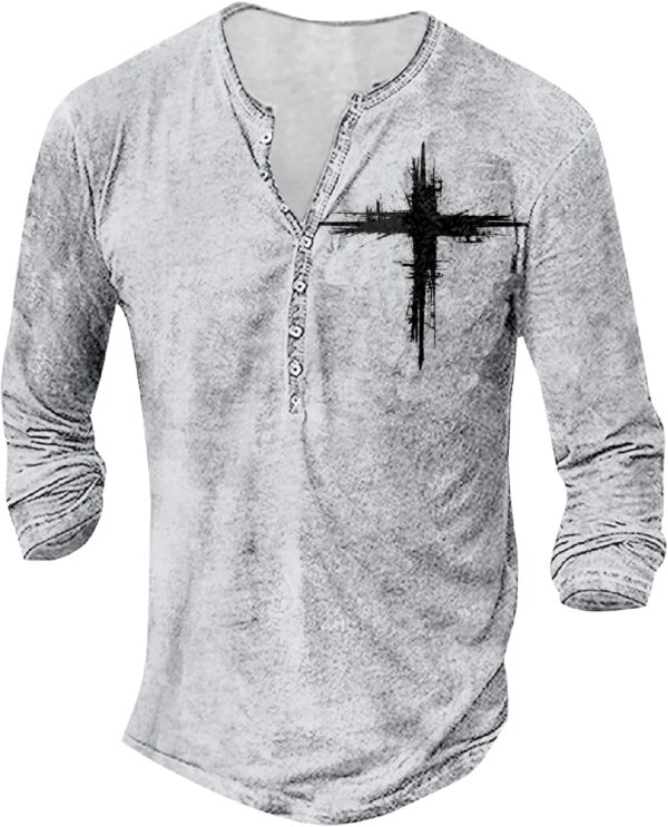 Mens Henley Shirts Graphic V Neck Long Sleeve Pullover Shirts 8Pcs Buttons Up Vintage Hippie Streetwear Tees Top