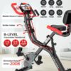 pooboo Folding Exercise Bike, Foldable Fitness Stationary Bike Machine, Upright Indoor Cycling Bike, Magnetic X-Bike with 8-Level Adjustable Resistance, Bottle Holder & Back Support Cushion for Home Gym Workout