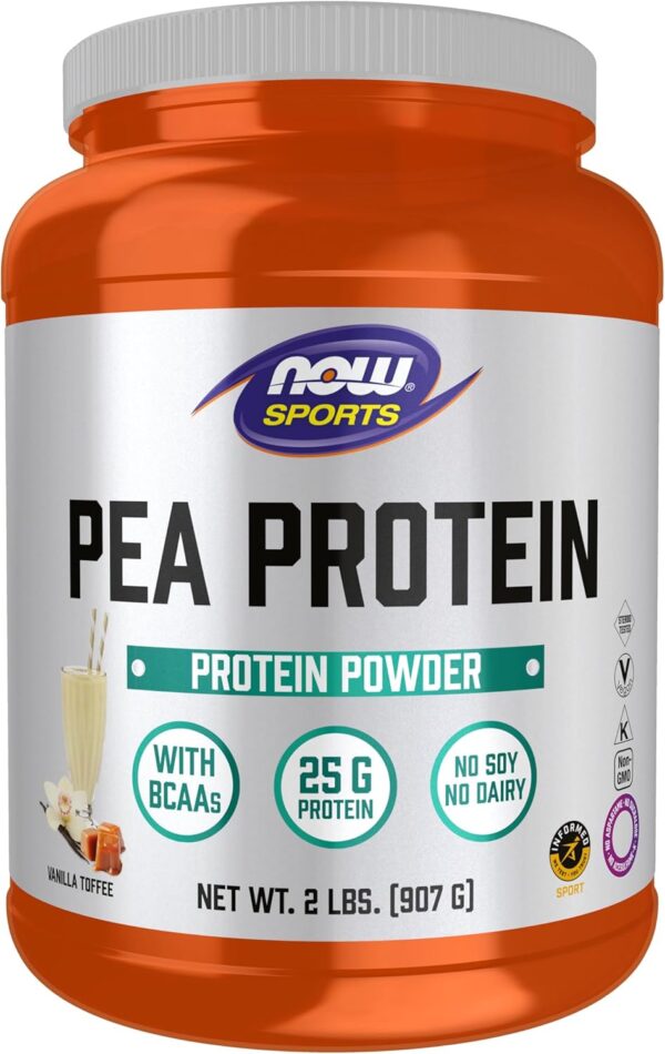NOW Foods Sports Nutrition, Pea Protein 25 g With BCAAs, Easily Digested, Vanilla Toffee Powder, 2-Pound