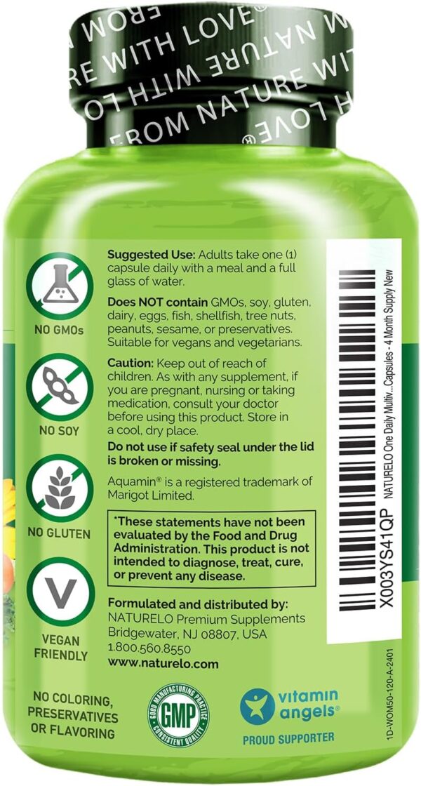 NATURELO One Daily Multivitamin for Women 50+ (Iron Free) - Menopause Support for Women Over 50 - Whole Food Supplement - Non-GMO - No Soy - 120 Capsules - 4 Month Supply