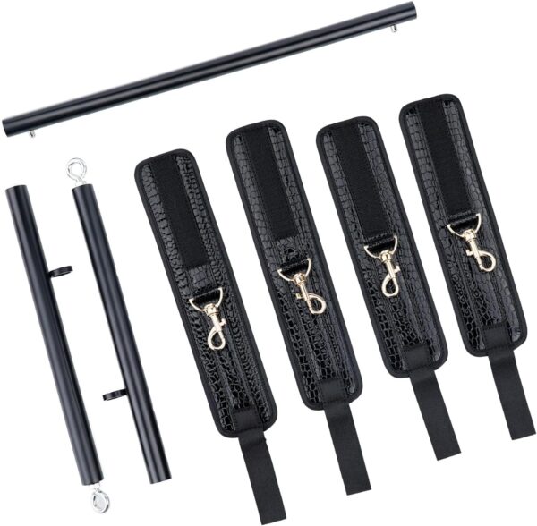 Spreader Bar Heavy Duty Stainless Steel Expandable Black Bar Home Gym with 4pcs Furry Purple Adjustable Strap,Sports Aid Training Fitness Gear Pilates Aid Kit,Yoga Set (Black+Black Crocodile PU Kit)