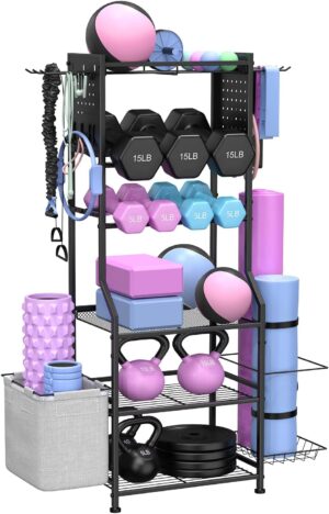 Dumbbell Rack, Home Gym Storage for Dumbbells Kettlebells Yoga Mat & Strength Training Equipments, Weight Rack with Peg Board Organizer, Workout Storage Gym Organizer Gym Equipment Storage