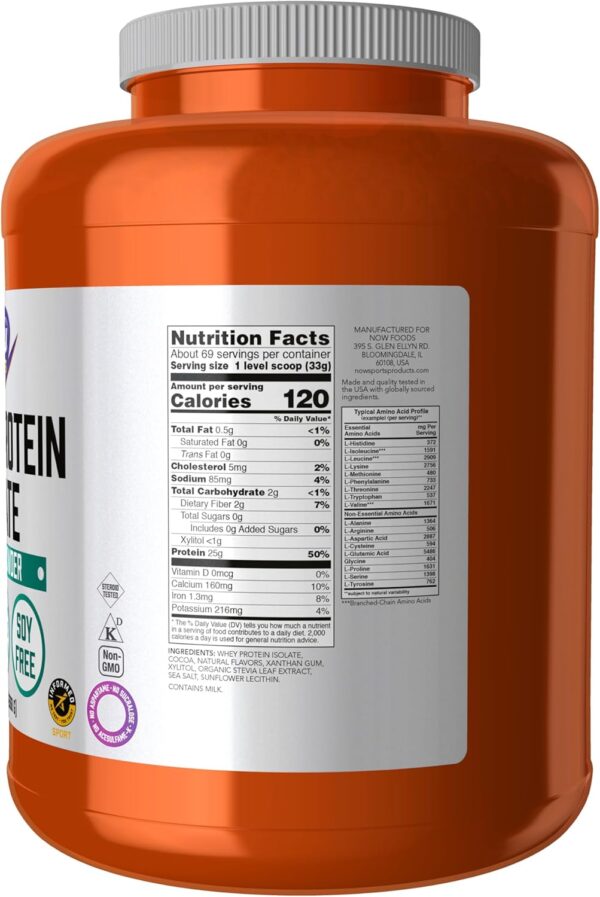 NOW Foods Sports Nutrition, Whey Protein Isolate, 25 G With BCAAs, Creamy Chocolate Powder, 5-Pound