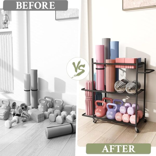 Hadulcet Yoga Mat Storage Rack, Stable Home Gym Storage for Dumbbells, Kettlebell, Workout Equipment Storage Organizer with Removable Hooks, Yoga Mat Holder for Easy to Move