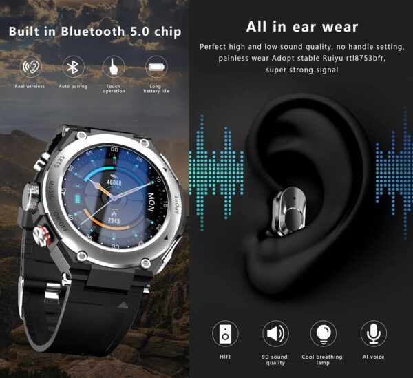 T92 Smart Watch with Earbuds MP3 Bluetooth Headset 3 in 1 1.28 Inch Smartwatch Built-in Wireless Earbuds Speaker Round Fitness Tracker Music Player Health Monitor (Silver)
