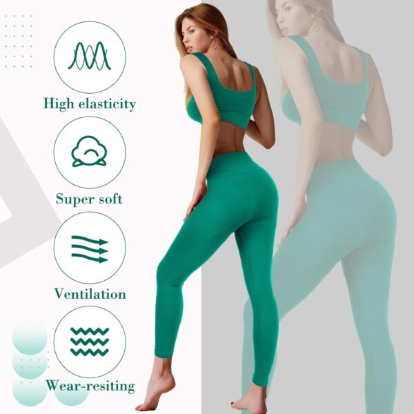 4 Pcs Women's Workout Sets Pilates Exercise Outfit Ribbed Scoop Neck Sports Bra Shorts Leggings Gym Clothes Set