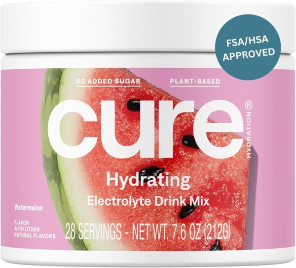 Cure Hydration | Plant-Based Electrolyte Drink Mix | No Added Sugar | FSA & HSA | Dehydration Relief Powder Made with Coconut Water | Non-GMO | Vegan | 28 Servings Jar - Watermelon