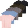 Real Essentials 5 Pack: Women's Dry Fit Crop Top - Short Sleeve Crew Neck Stretch Athletic Tee (Available in Plus Size)