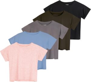 Real Essentials 5 Pack: Women's Dry Fit Crop Top - Short Sleeve Crew Neck Stretch Athletic Tee (Available in Plus Size)