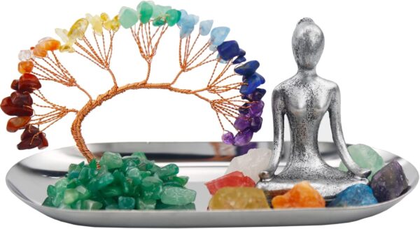 Meditation Accessories, Zen Spiritual Decor, 7 Chakra Crystal Tree Healing Stones and Yoga Statues, for Living Room, Office, Shelves, Mantle Decor, Birthday Gifts for Women