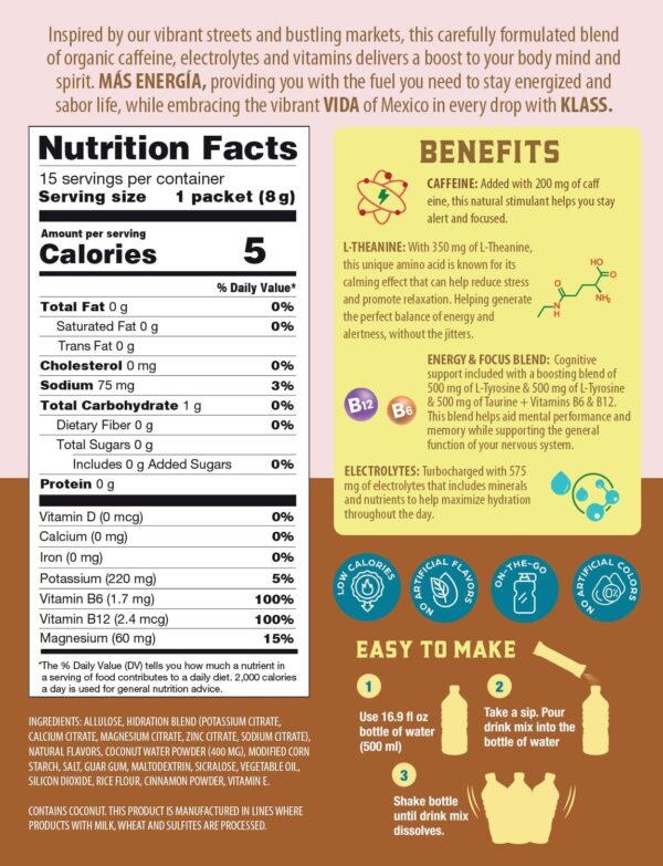 Hydration + Energy Sugar-Free Powder Packets Electrolyte Agua Fresca Drink Mix, Caffeine & Theanine Horchata 15 Single Serve Sticks Low Calorie, Natural Colors & Flavors