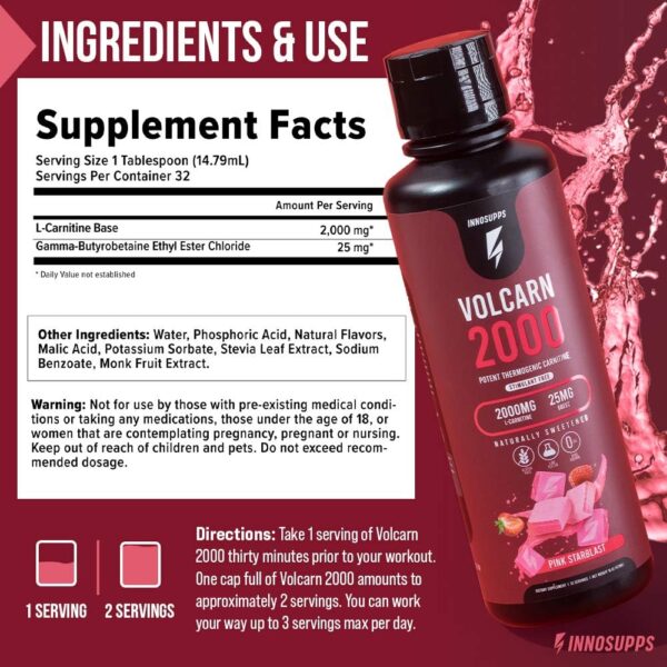 InnoSupps Volcarn 2000 - L-CARNITINE Advanced Energy Liquid | ATP Enhancer with GBEEC | Boosts Energy, Enhances Focus, Caffeine Free, No Artificial Sweeteners | 32 Servings (Pink Starblast)