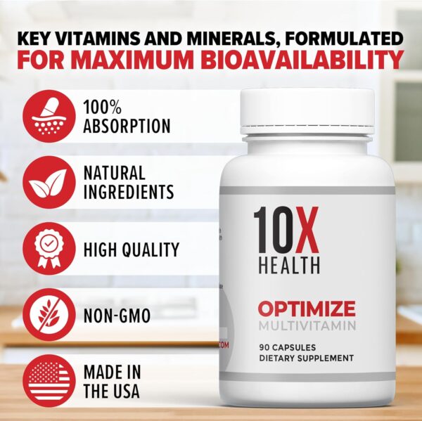 10X Health Optimize Methylated Multivitamin for Men & Women - 34 in 1 Formula with 800 mcg of Vitamin B12, Vitamin E, 5-MTHF, B Complex, NAC, Magnesium & Zinc Multivitamins - 90 Capsules