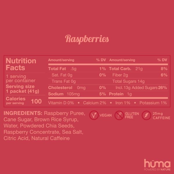 Huma Chia Energy Gel, Raspberries, 24 Gels, 1x Caffeine - Sports Nutrition for Endurance Exercise