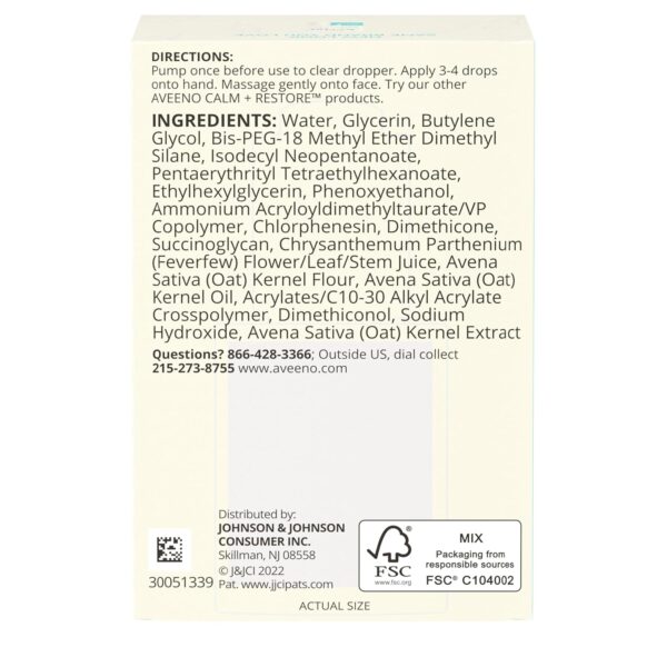 Aveeno Calm + Restore Triple Oat Hydrating Face Serum for Sensitive Skin, Gentle, Lightweight Facial Serum Instantly Smooths Skin, Fast-Absorbing, Hypoallergenic & Fragrance-Free, 1 fl. oz