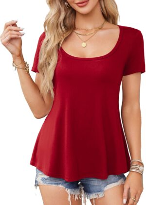 Amoretu Womens Scoop Neck Tshirt Short Sleeve Shirts Swing Tunic Tops Loose Fit