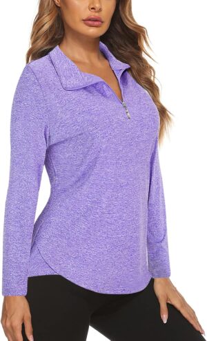 Koscacy Long Sleeve V Neck Half Zip Golf Pullover for Ladies Gym Training Outdoor Sports Workout Tennis Top, Purple Geometry