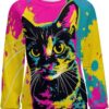 ZOCAVIA Women's Y2K Art Cat Sweatshirts Fall Abstract Cat Graphic Pullover Tops Long Sleeve Oil Painting Cat Printed T Shirts