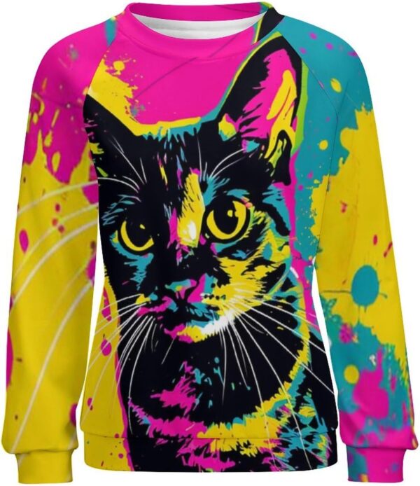 ZOCAVIA Women's Y2K Art Cat Sweatshirts Fall Abstract Cat Graphic Pullover Tops Long Sleeve Oil Painting Cat Printed T Shirts