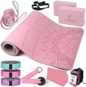 1/3 Yoga Mat Thick, Yoga Set for Beginners Include High Density Yoga Mat with Multi-loops Yoga Strap, Yoga Blocks, Booty Resistance Band Set, Door Anchor, Carring Bag & Strap