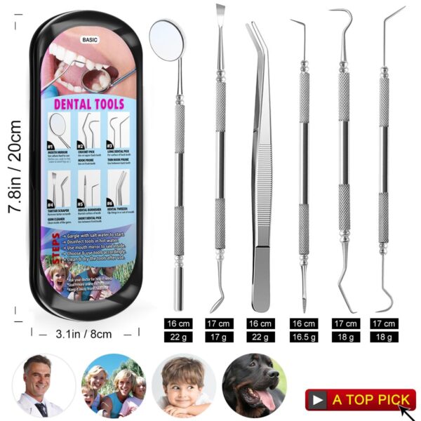 Antonki 6 Pack Dental Tools, Plaque Remover for Teeth Cleaning Dental Pick Hygiene Kit, Stainless Steel Professional Tooth Scraper Tartar Removal Cleaner for Home Use - with Case