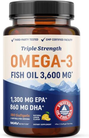 Triple Strength Omega 3 Fish Oil 3600 mg | EPA & DHA | Over 2100mg Omega-3 Fatty Acids | 1300mg EPA + 860mg DHA | Best Essential Fatty Acids | Premium Wild Caught & Burpless Fish Oil | 180 Ct