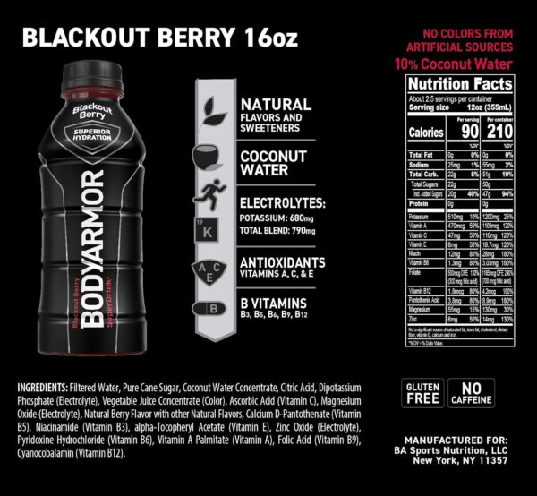 BODYARMOR Sports Drink Sports Beverage, Blackout Berry, Coconut Water Hydration, Natural Flavors With Vitamins, Potassium-Packed Electrolytes, Perfect For Athletes, 16 Fl Oz (Pack of 12)
