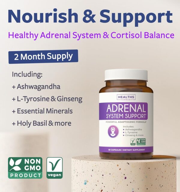 Adrenal System Support & Cortisol Manager (2 Month Supply) Powerful Ashwagandha & L-Tyrosine Fatigue Supplement - Maintain Balanced Cortisol Levels, Health, & Stress Relief - Non-GMO - 60 Capsules